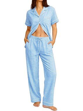 Women's Blue White Cotton Short Sleeve Button Down Shirt 2 Pcs Pajama Set
